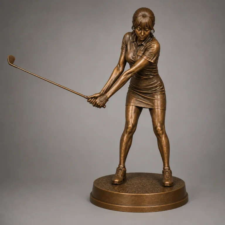 A professionally cast life-size female golfer bronze statue in a mid-swing pose. This custom-made, high-quality outdoor sculpture by Yun Sculpture is designed as a permanent landmark for country club entrances and fairways, communicating institutional prestige and durability.