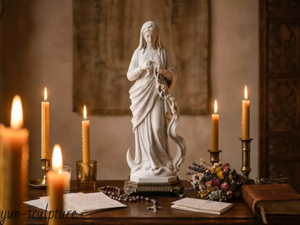 An elegant white marble Mary Undoer of Knots sculpture placed on a wooden devotional altar surrounded by warm, glowing candles. Showcasing the final, breathtaking result of our rigorous custom fabrication process, this sacred piece translates the intricate ribbon tension into a profoundly serene focal point for private indoor sanctuaries.