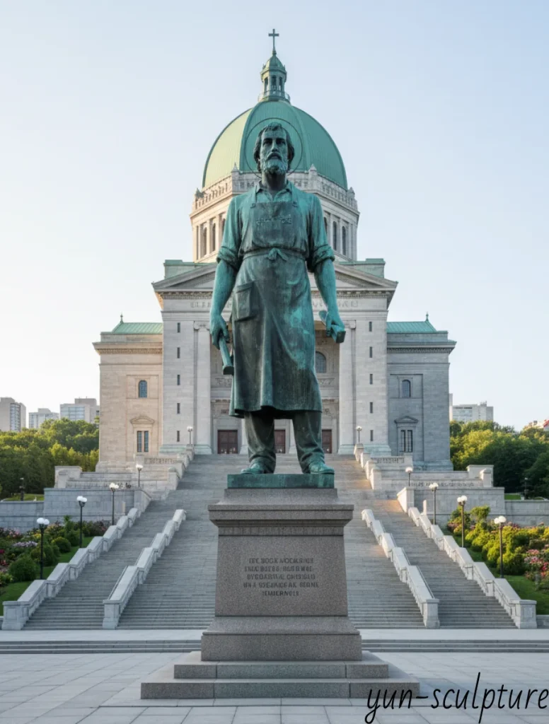 A monumental bronze statue of Saint Joseph the Worker dressed as a craftsman, honoring his May 1st feast day as the patron saint of workers and manual labor.