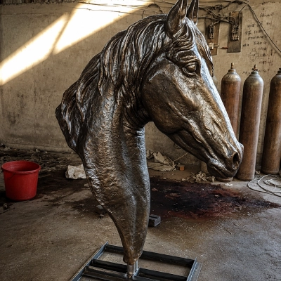 Completed bronze horse head sculpture with dark patina — Yun Sculpture