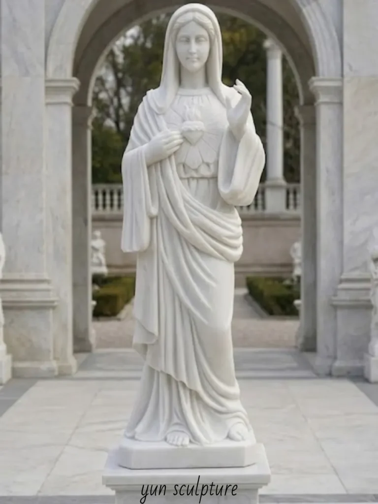 The breathtaking, finished white marble Immaculate Heart of Mary statue standing in a classic stone courtyard. Her flawlessly carved expression perfectly holds the tension between sorrow and serenity, creating a sacred icon that invites deep contemplation of divine love.