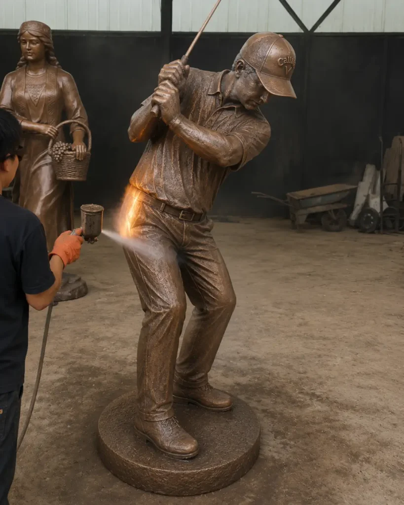 Applying high-temperature chemical patina to the hot bronze surface. This creates a permanent, chemically-bonded finish that won't peel or fade outdoors.