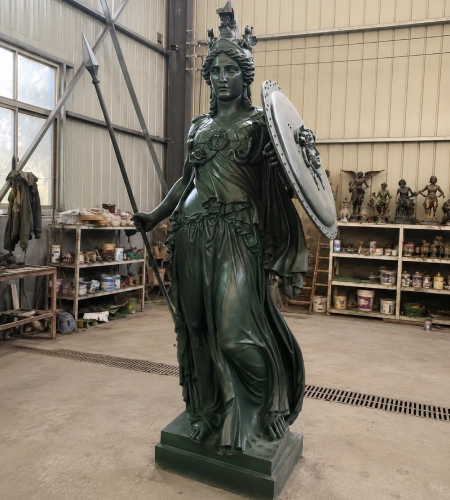Life-size bronze statue of a Greek goddess with spear and shield, custom human figure sculpture