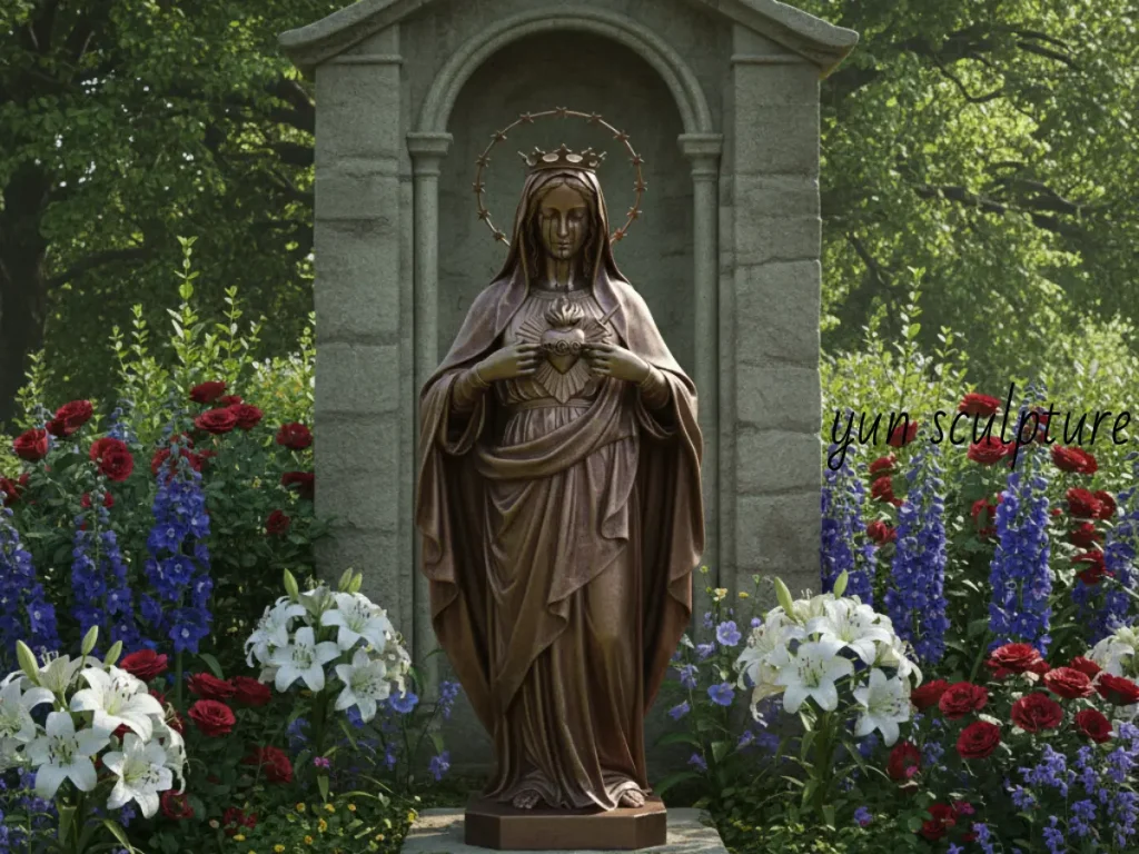 A cast bronze Immaculate Heart of Mary statue with a natural patina, positioned in an outdoor stone niche surrounded by flowers, showcasing the extraordinary precision and durability of bronze for church courtyards.