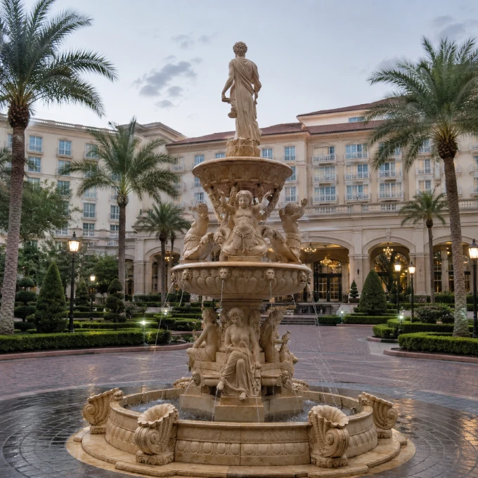 Custom large outdoor multi-tiered marble fountain with detailed statue carvings installed in a luxury estate driveway