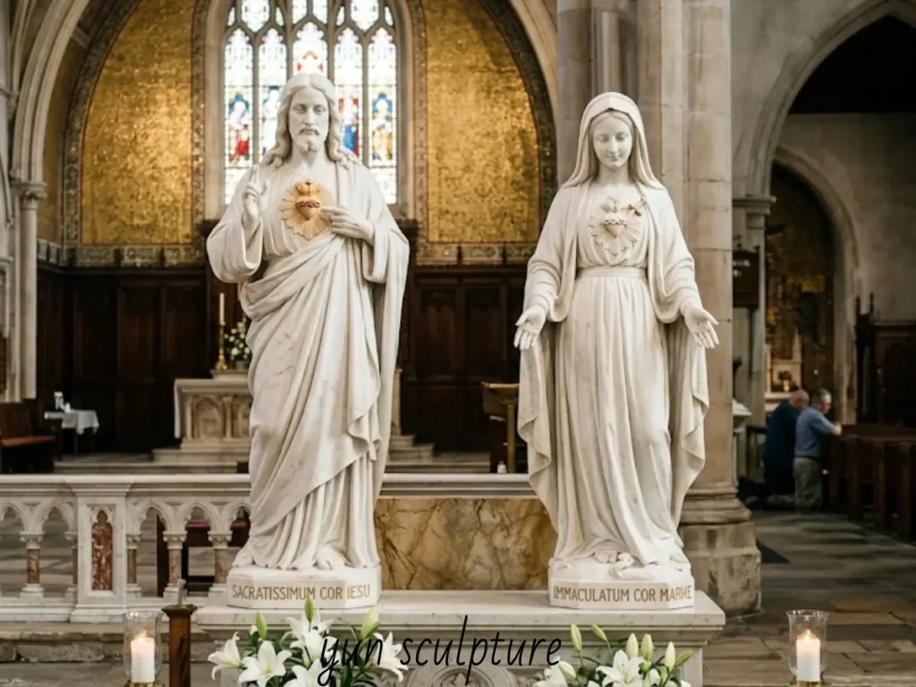 A life-size paired commission of Sacred Heart of Jesus and Immaculate Heart of Mary statues in white marble, featuring matched bases and intricate engravings, installed in a traditional church interior.