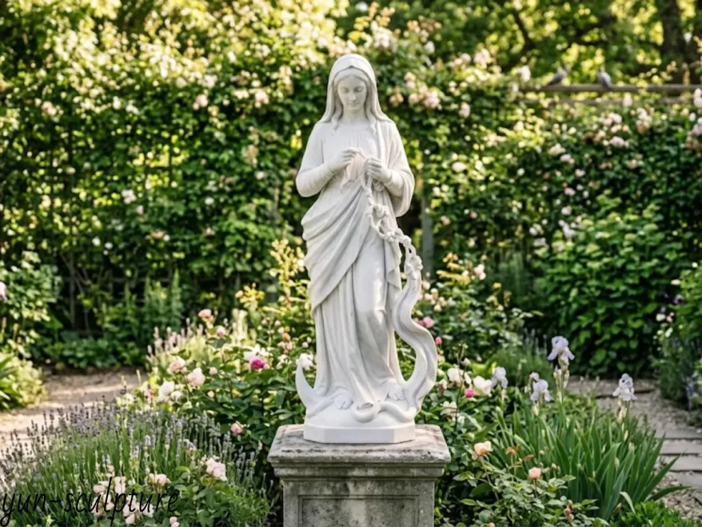 A breathtaking, completed life-size Mary Undoer of Knots statue hand-carved in pristine white marble, standing majestically on a stone pedestal in a lush garden. Taking 40 to 50 working days to craft, the flawlessly carved flowing ribbon demonstrates the successful transition from the approved clay maquette to permanent sacred art.