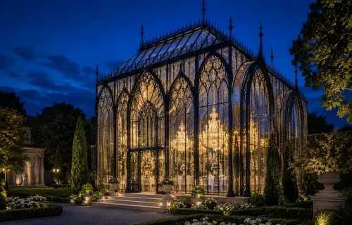 A majestic Gothic-style glass conservatory at twilight, featuring dramatic pointed arches and tall narrow panels. Grand chandeliers illuminate the cathedral-like interior, creating a theatrical event space in a luxury garden setting.