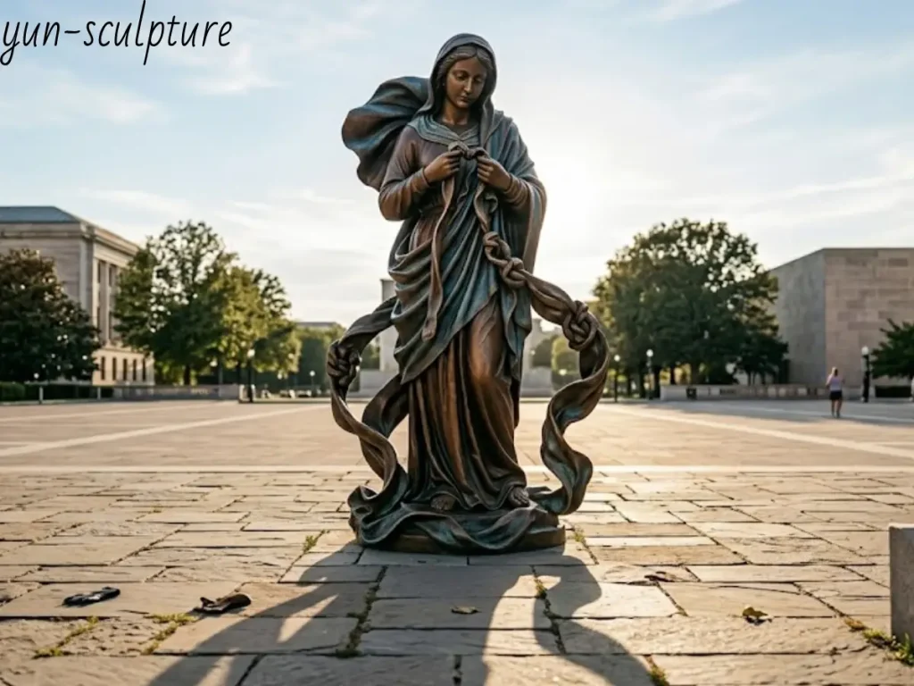 A bronze statue of Mary Undoer of Knots standing in a public square, symbolizing her obedience that loosens the knots of human struggle and begins the theological restoration described by St. Irenaeus.
