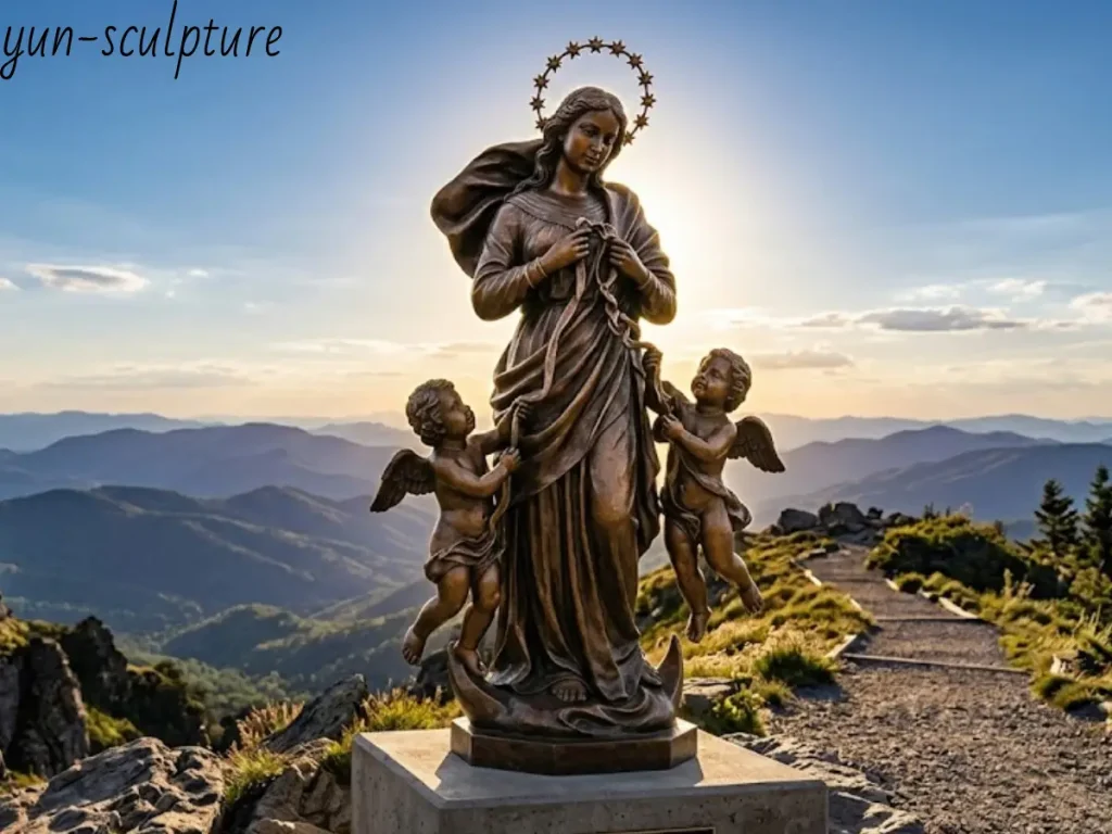 A bronze Mary Undoer of Knots statue featuring a crown of twelve stars and two full-figure angels on a mountain summit, illustrating the narrative flow from human struggle to grace-filled resolution.