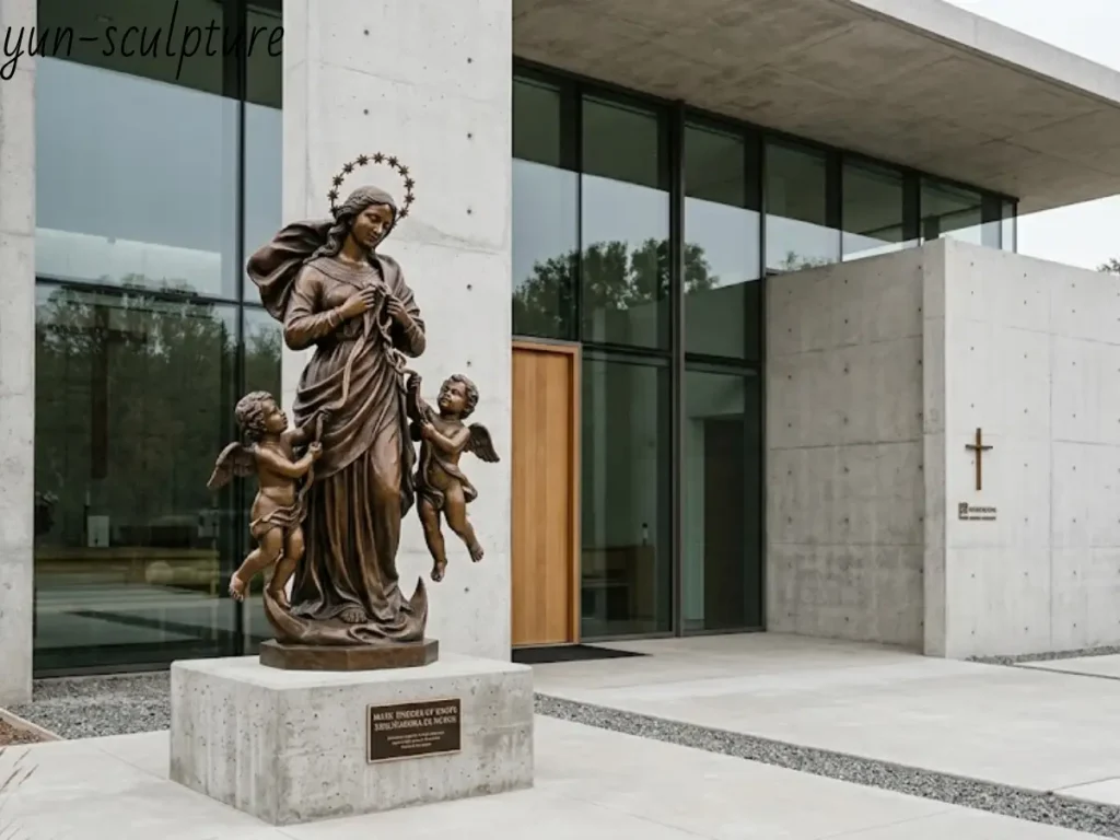 A cast bronze Mary Undoer of Knots statue with a natural patina, installed outside a modern church, showcasing the intricate ribbon detail and structural strength of the lost-wax process.