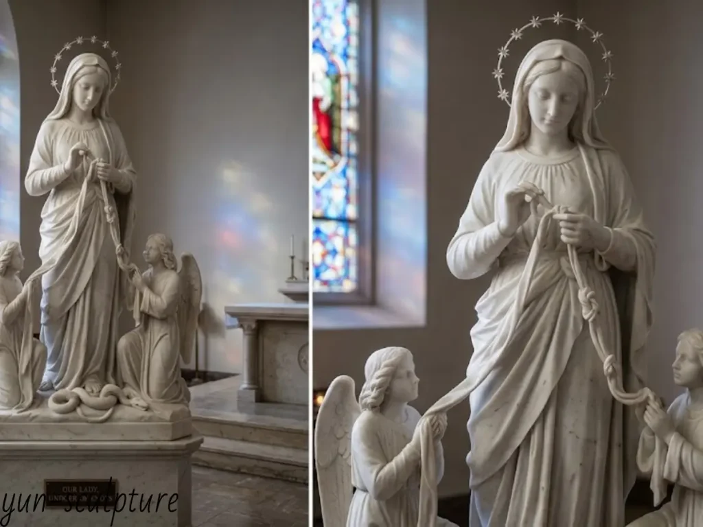 A white marble Mary Undoer of Knots statue in a church, featuring Mary untying knots in a ribbon held by two angels, representing her intercession and the restoration of human life through grace.