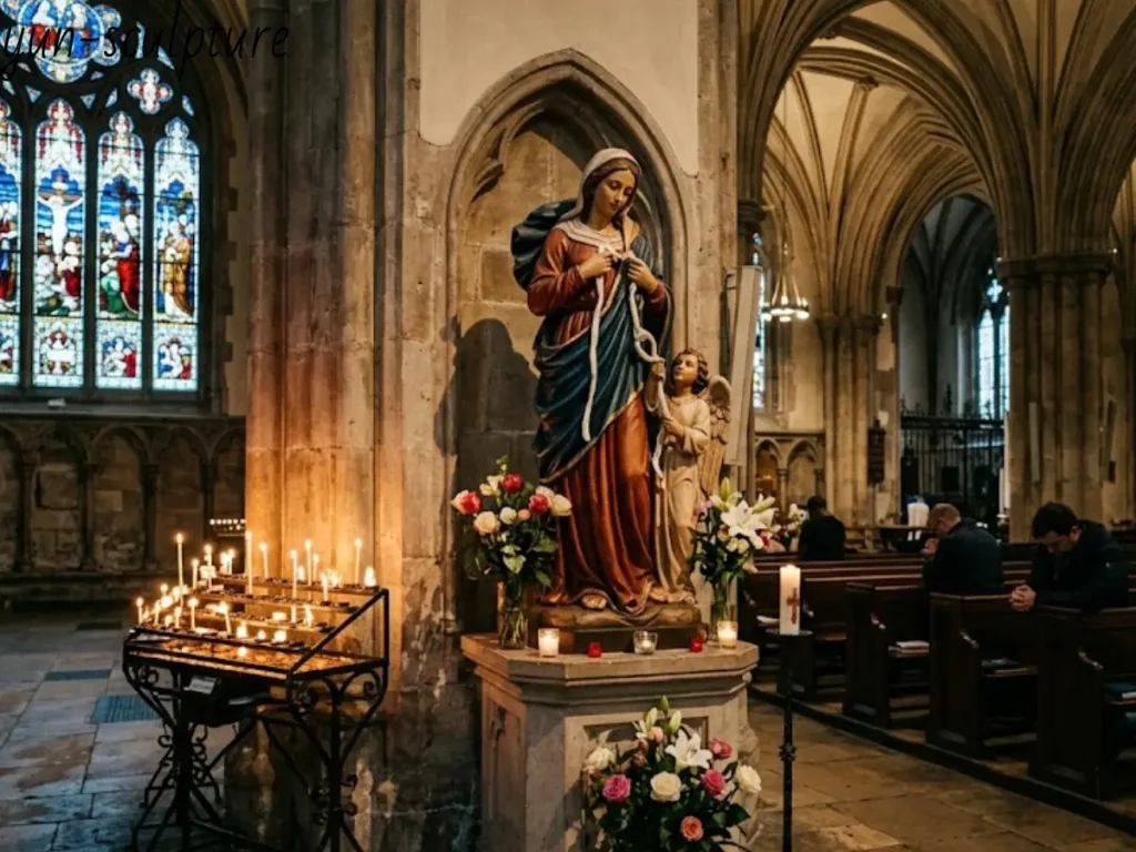 A polychrome Mary Undoer of Knots statue in a candlelit church shrine, capturing her working posture and focused gaze as she engages with the ribbon, representing concentrated maternal effort.
