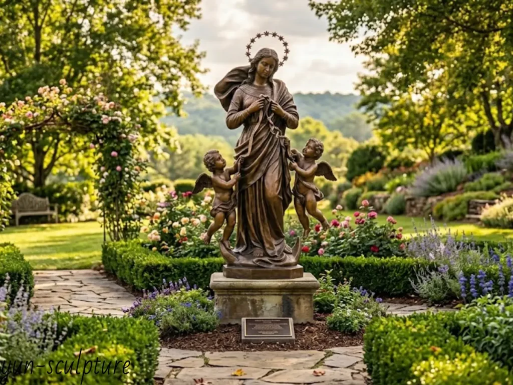 A bronze Mary Untier of Knots statue in a lush garden, capturing the moment of action with her hands directly engaging the ribbon, symbolizing that grace is at work right now.