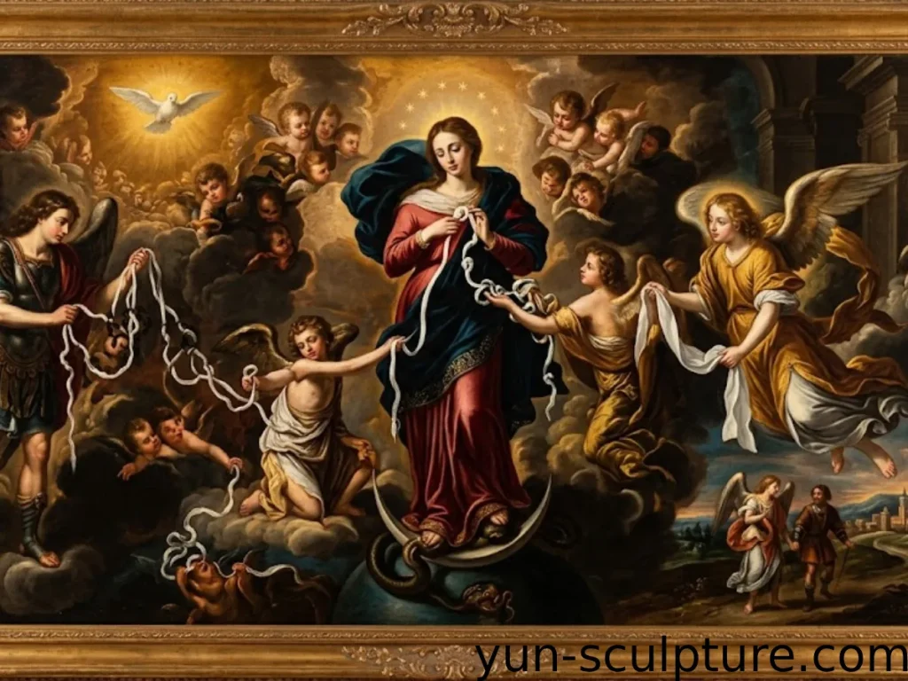 The original 1700 painting of Mary Untier of Knots by Johann Georg Schmidtner in the Church of St. Peter am Perlach, Augsburg, showing Mary loosening knots on a ribbon held by angels.