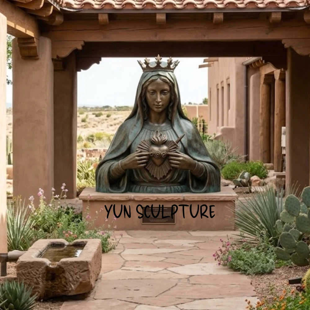 A life-size bronze Our Lady of Fatima shrine statue installed in a covered outdoor cloister, featuring a specific gaze direction that directly encounters the visitor, set within a flagstone path and water feature in the American Southwest.
