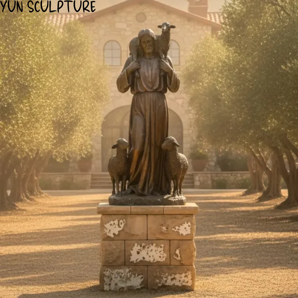 A serene bronze Jesus the Good Shepherd statue gently holding a lamb, standing on a stone pedestal at the end of a sunlit, mist-covered garden pathway. Featured image for the guide to custom estate guardian statues.