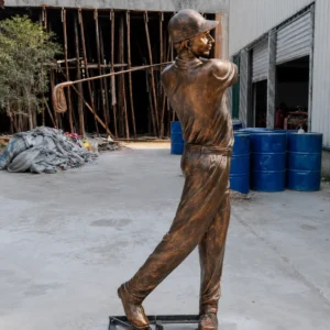 A finished life-size bronze golf statue with a high-temperature chemical patina, designed for permanent outdoor installation. Built with a 5-8mm wall thickness, this structural metal sculpture is engineered to withstand decades of weathering while developing a beautiful natural patina.