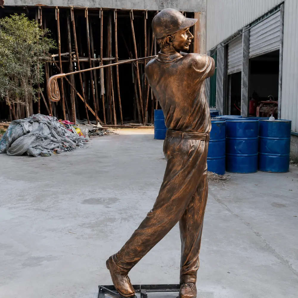 A finished life-size bronze golf statue with a high-temperature chemical patina, designed for permanent outdoor installation. Built with a 5-8mm wall thickness, this structural metal sculpture is engineered to withstand decades of weathering while developing a beautiful natural patina.