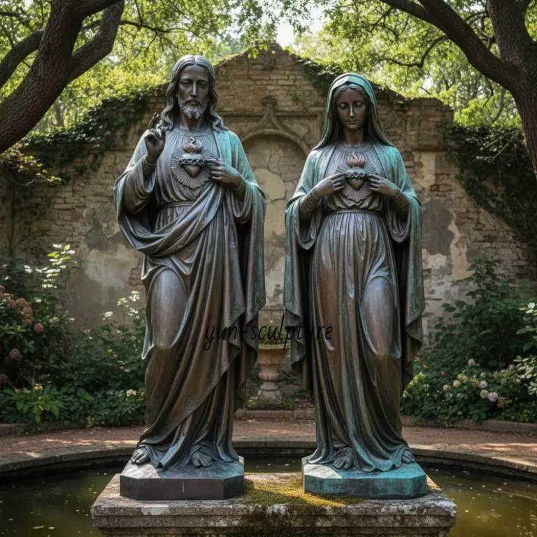 sacred heart jesus immaculate heart mary bronze statue pair