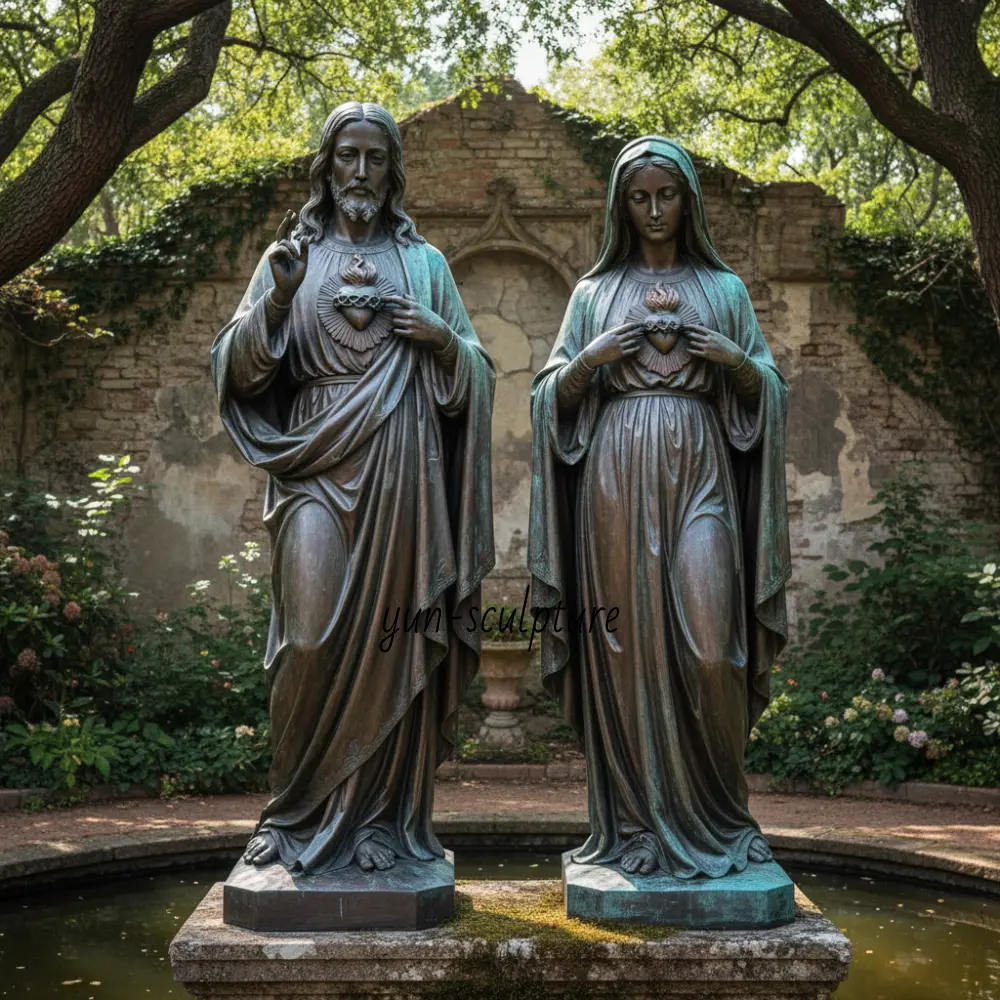 A pair of bronze Sacred Heart of Jesus and Immaculate Heart of Mary statues in a garden setting, where Jesus's gesture and posture flow toward Mary to create a unified theological statement.
