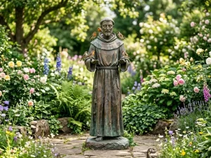 A weathered bronze St. Francis statue standing upright in a lush flower garden, creating a harmonious and peaceful atmosphere for homeowners to enjoy.