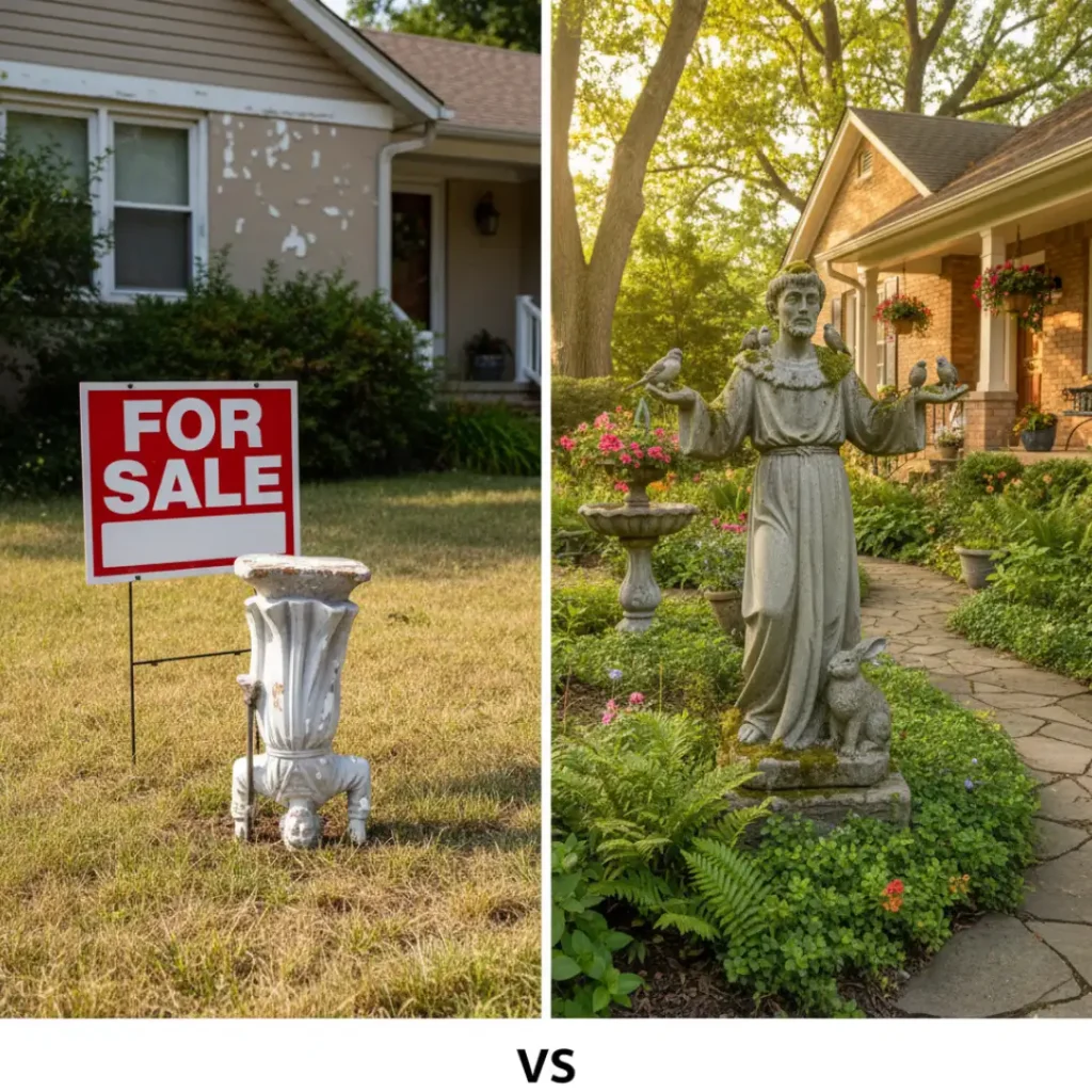 A side-by-side comparison showing an upside-down statue in a dry yard with a 'For Sale' sign versus a beautiful St. Francis garden statue, illustrating the common confusion between burying St. Joseph for house selling and St. Francis for landscape decor.