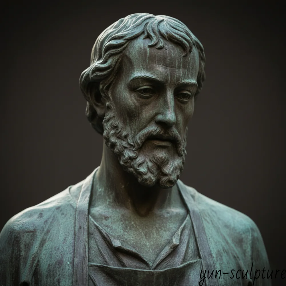 A close-up of a cast bronze St. Joseph statue showing a natural green patina and extraordinary surface detail, ideal for open-air outdoor installation in church courtyards.