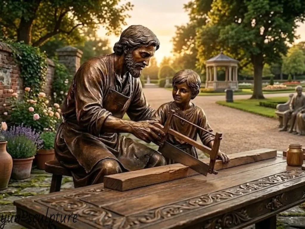 A bronze statue of St. Joseph guiding young Jesus through a cut with a saw on a workbench, illustrating the active mentorship and the sanctification of manual labor.