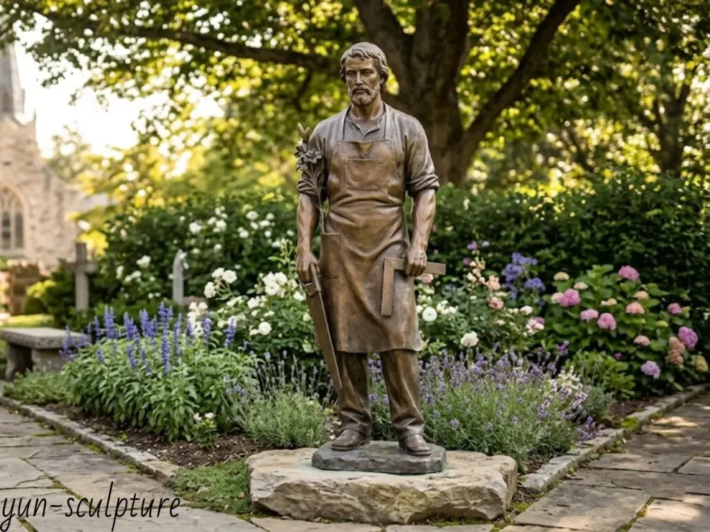 A bronze statue of St. Joseph the Worker as a 'tekton' or builder, standing in a flower garden with a calm, grounded expression and holding craftsman tools.