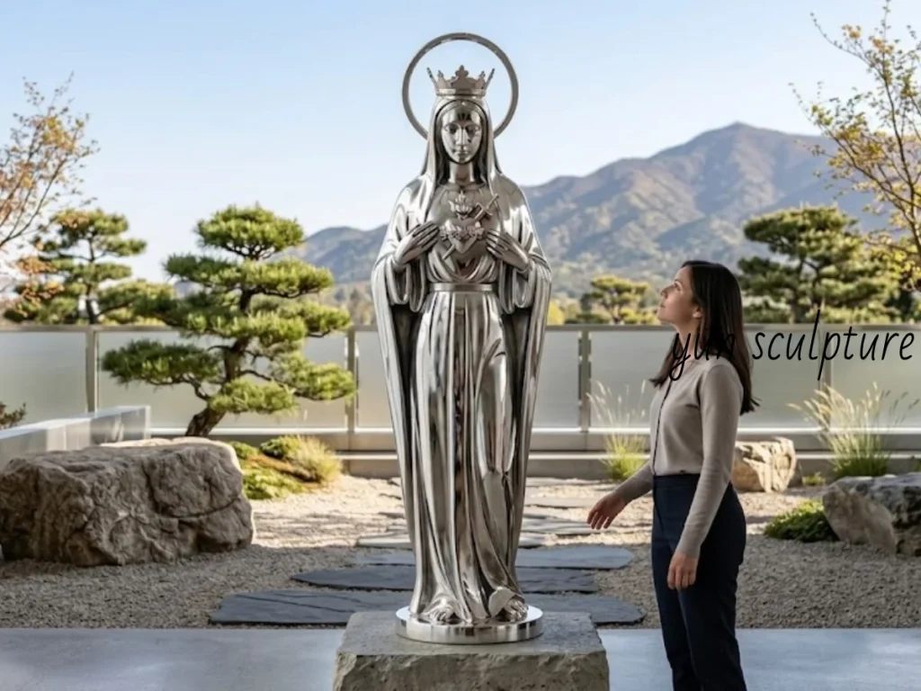 A life-size mirror-polished stainless steel statue of the Immaculate Heart of Mary in a Zen garden, highlighting the serene facial expression and anatomical precision of the hands and heart projection.