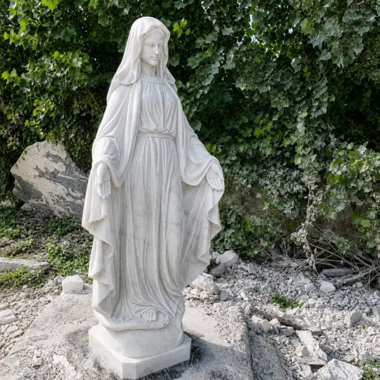 A hand-carved white marble statue of Our Lady of Grace with welcoming outstretched arms, standing in a lush garden setting. Its open gesture is designed to greet parishioners during outdoor Masses and rosary walks, remaining visible and inviting even from a distance.