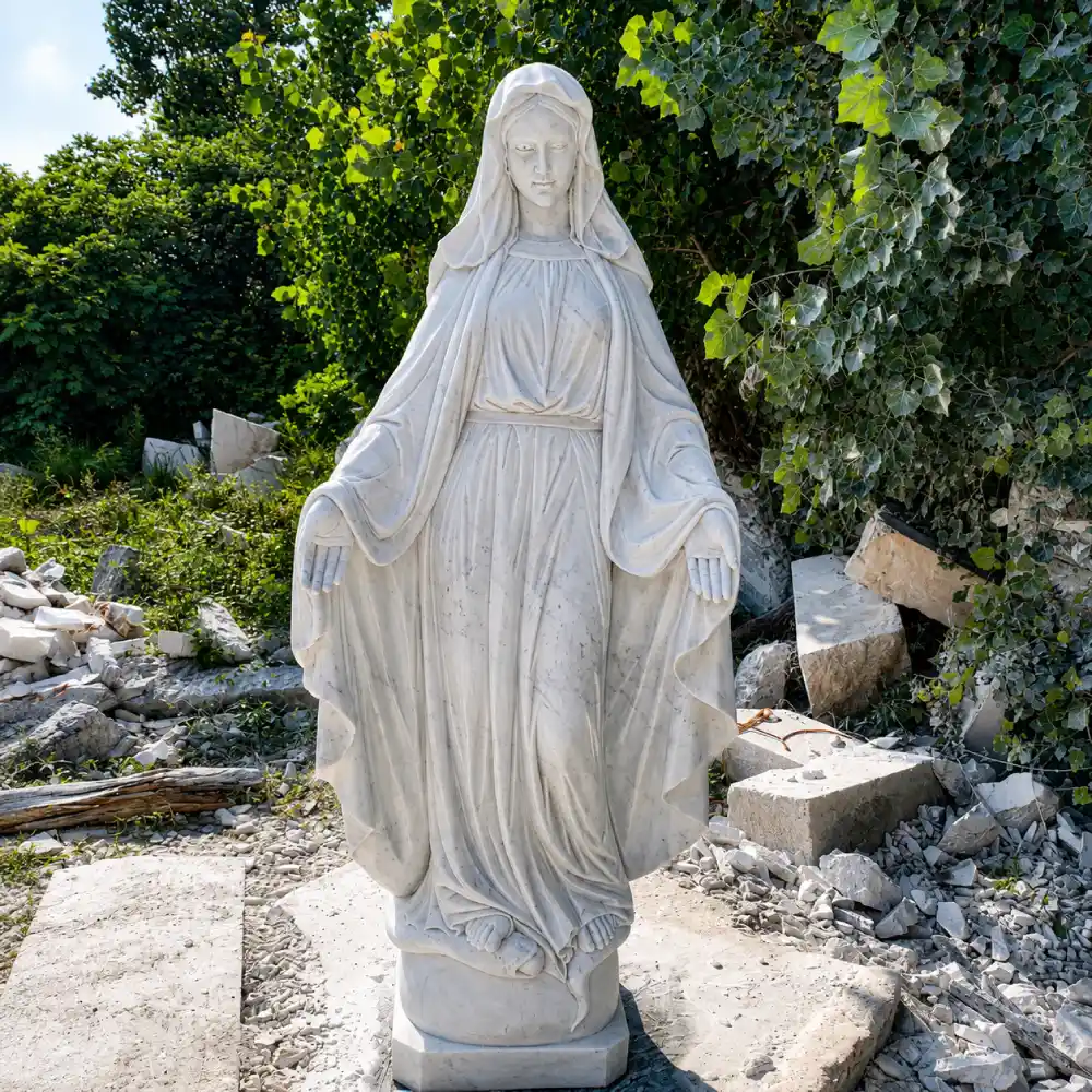 A hand-carved white marble Our Lady of Grace statue standing with arms open in a welcoming posture. The flowing robes and serene expression make it an ideal focal point for church entrances or formal residential gardens with clear sightlines.