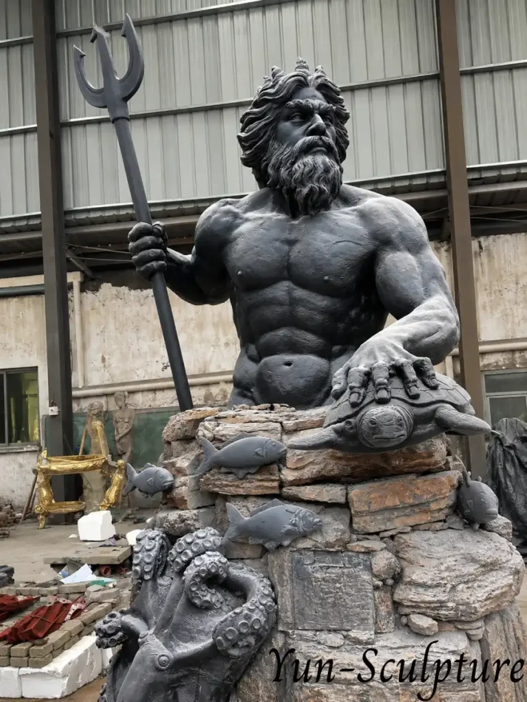 A cast bronze Neptune statue with a dark antique patina, seated among sea creatures and a turtle. Following the Roman and Renaissance tradition of "god-as-monument," this decorative figure is the correct aesthetic choice for formal European fountains or coastal garden water features.
