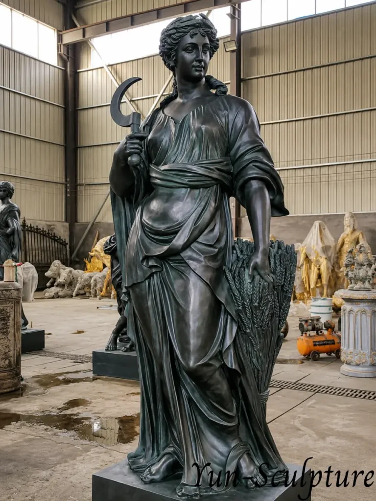 A solid bronze statue of a goddess holding a sickle and sheaf of wheat. Perfectly suited for placement at the far end of a garden or the threshold of a wooded area, focusing the raw qualities of the wilderness into an architecturally honest garden focal point.