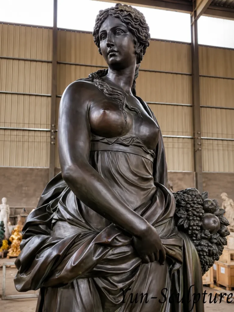 A detailed cast bronze statue of Aphrodite (Venus) holding a cornucopia of fruits. Designed for intimate presence in private gardens or loggias, this sculpture prioritizes beauty and pleasure over formal declaration, as described in our guide to female Olympians.