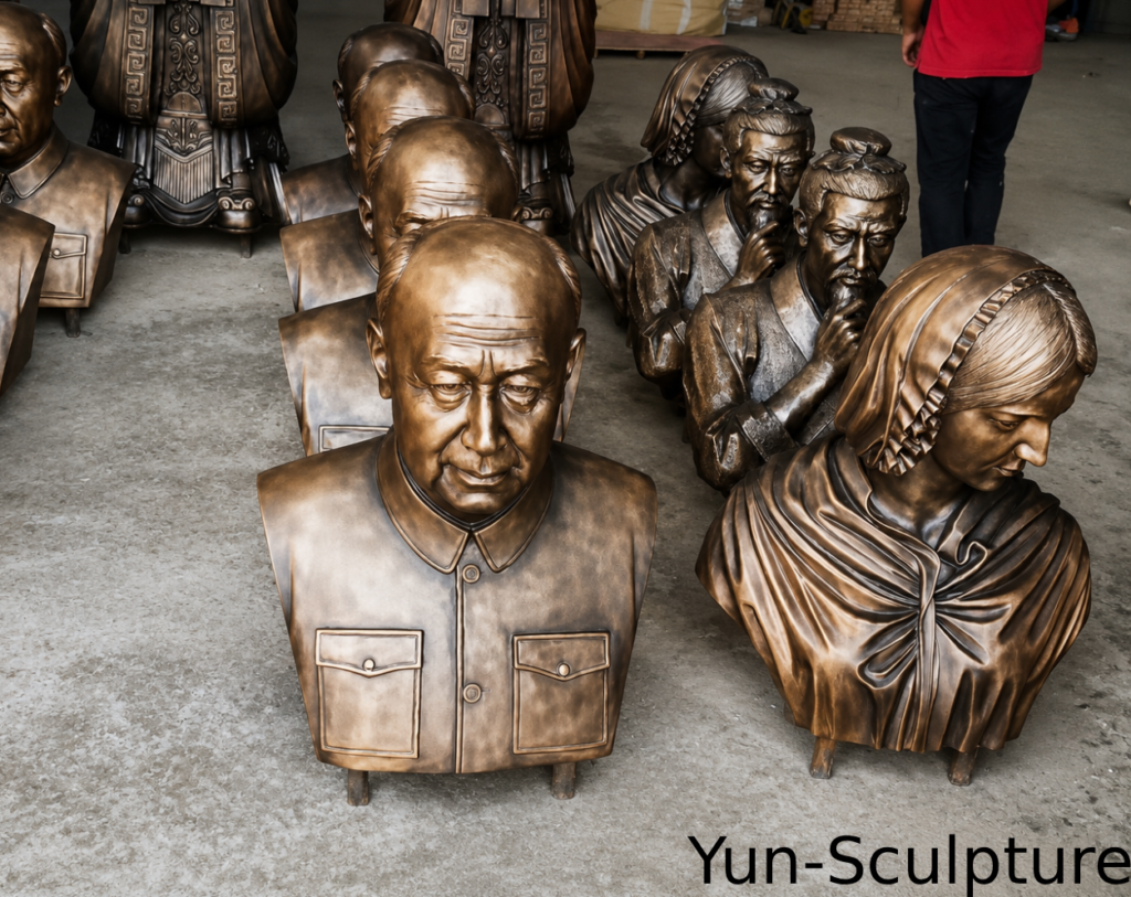 A large collection of custom cast bronze portrait busts, including historical figures like Mao Zedong, lined up at the Yun Sculpture foundry. This volume of production illustrates our capacity for grand institutional memorial projects, which require careful 5-to-7 month planning and production timelines as detailed in our guide.