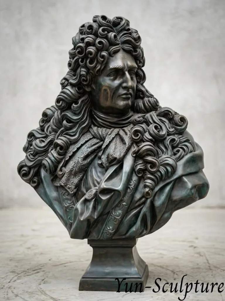 A museum-quality custom bronze portrait bust with an elaborate wig and lifelike facial details. This high-fidelity likeness is the result of using extensive reference photography and 3D scanning as recommended in our portrait commission guide.