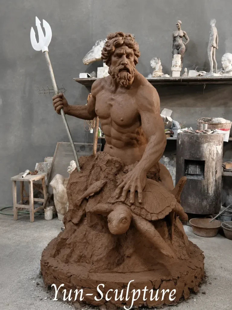 A 1:1 scale clay model of Poseidon on a sea creature at Yun Sculpture workshop. This stage ensures the anatomical accuracy and dramatic presence required for large-scale institutional installations before the lost-wax casting begins.