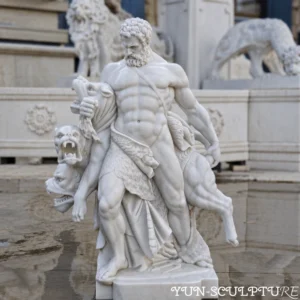 A heroic-scale natural white marble statue of Hercules capturing Cerberus. Representing the "Hercules-in-Combat" type, this hand-carved sculpture displays intense directional energy and physical force, making it an ideal architectural focal point for outdoor garden settings as described in our guide.