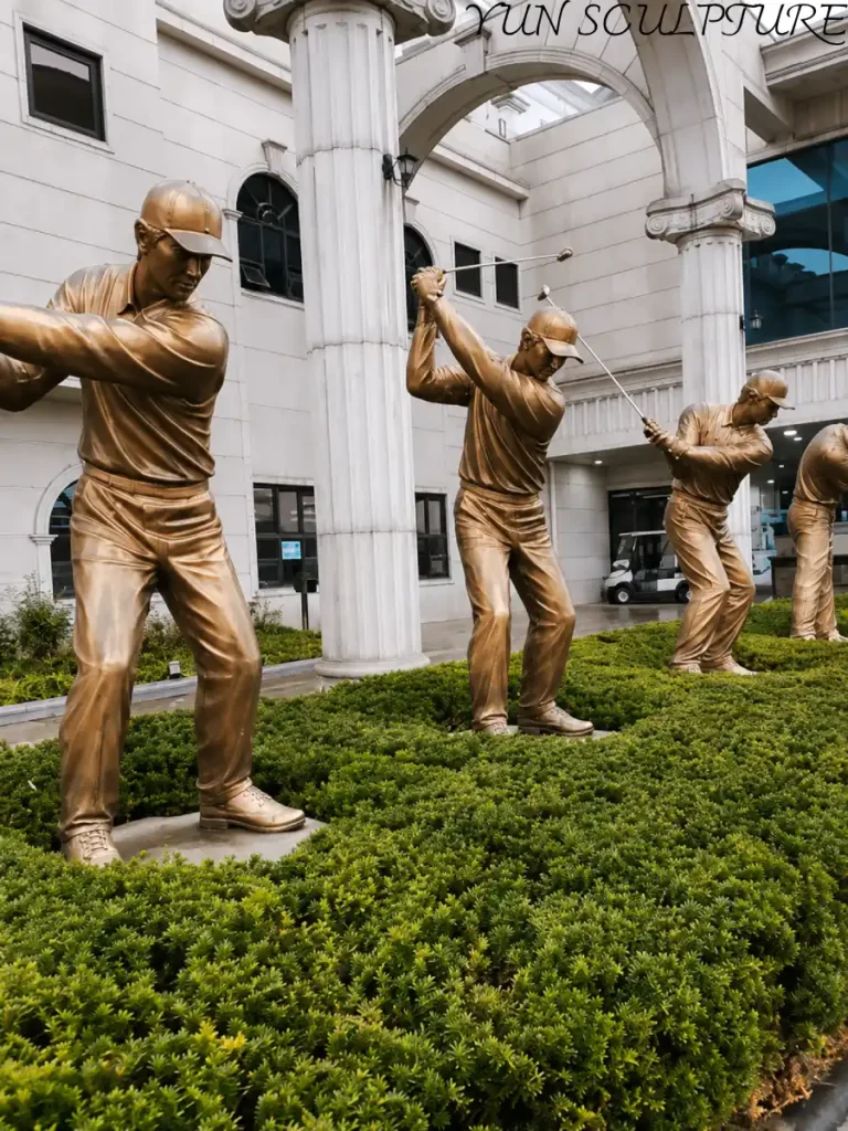  A sequence of life-size bronze sculptures depicting the perfect golf swing, installed in a luxury backyard garden to create a professional and permanent focal point.