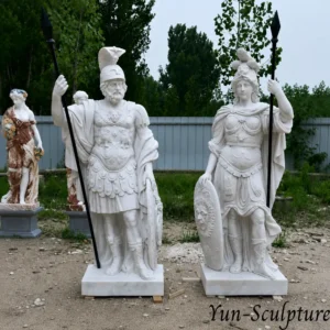 A pair of heroic-scale natural white marble statues featuring Ares and Athena in classical armor with spears and shields. Athena, on the right, represents wisdom as a governing principle rather than mere ornament, creating a space of intellectual seriousness suitable for law firms, academic halls, or prestigious corporate headquarters.