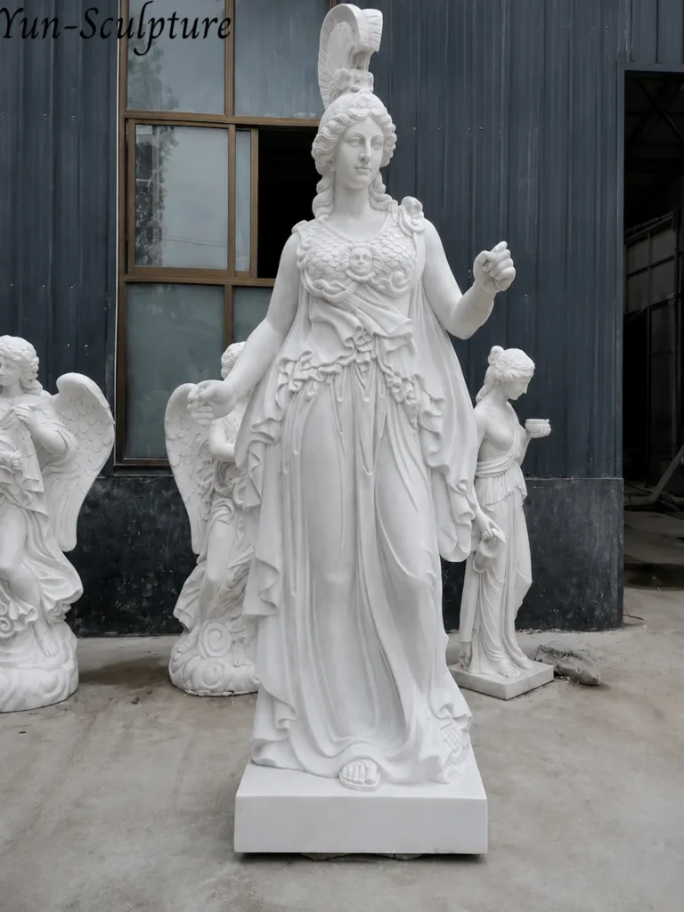 A hand-carved life-size white marble statue of Athena (Minerva) with intricate drapery and a classical helmet. Representing wisdom and governing values, this sculpture follows the architectural tradition seen in the Library of Congress and the National Academy of Athens, making it a perfect presiding figure for libraries, universities, or legal institutions.