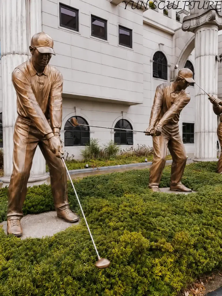 A detailed bronze golfer statue at address position. Like the iconic Payne Stewart monument, this permanent installation transforms memory into a lasting garden legacy.