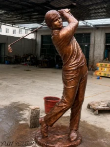 A life-size golfer statue in a follow-through swing pose, cast in genuine foundry bronze for permanent outdoor installation. Unlike resin or cold-cast imitations, this solid metal sculpture is engineered to develop a protective natural patina and withstand decades of UV and weather exposure.