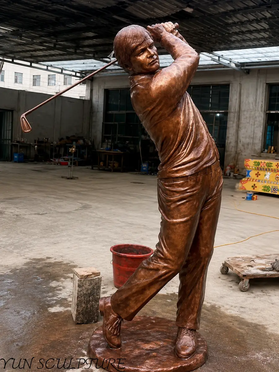 A life-size golfer statue in a follow-through swing pose, cast in genuine foundry bronze for permanent outdoor installation. Unlike resin or cold-cast imitations, this solid metal sculpture is engineered to develop a protective natural patina and withstand decades of UV and weather exposure.