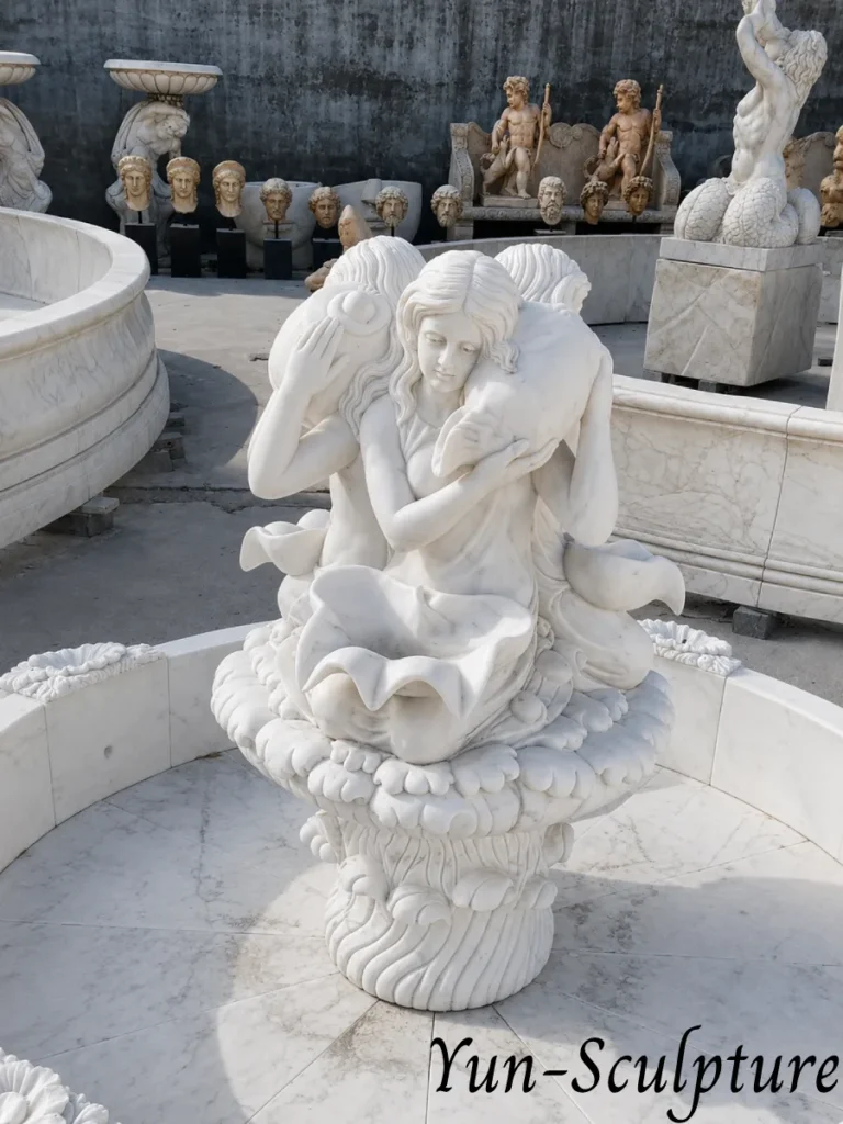 A hand-carved natural white marble fountain centerpiece featuring Venus Anadyomene (Venus rising from the sea) kneeling on a shell. This intricate group sculpture is designed as a focal point for garden water features, capturing the classical elegance and fluid drapery described in our fountain placement guide.