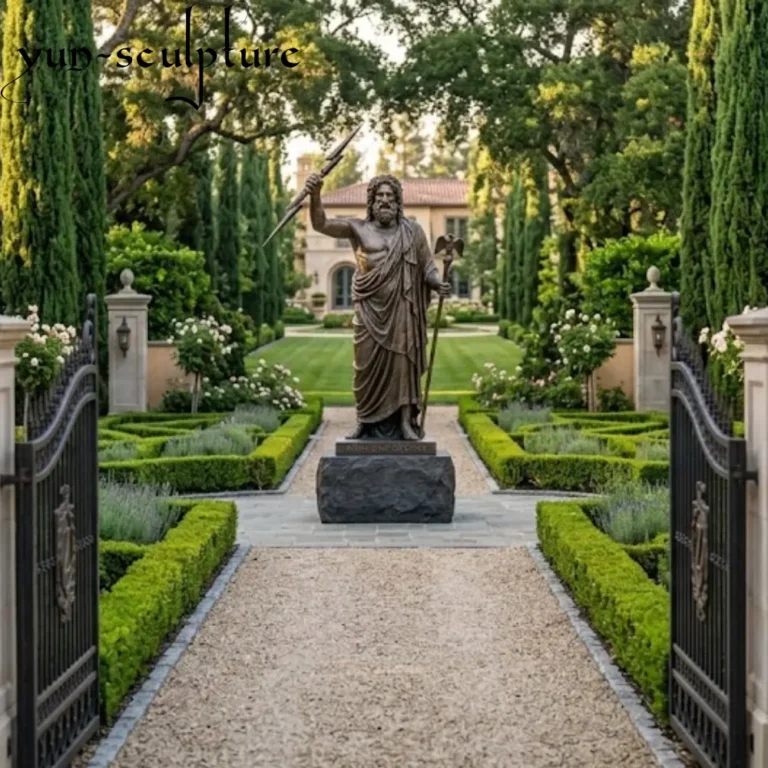 A bronze statue of Zeus positioned at the termination point of a formal estate garden's primary axis path.