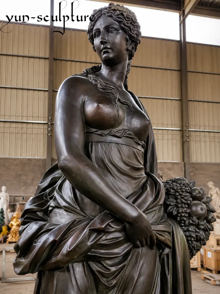 A life-size cast bronze statue of Aphrodite (Venus), the goddess of love and beauty, holding a detailed fruit basket representing pleasure and sensory richness. Hand-cast at the Yun Sculpture foundry with a warm antique patina, this figurative masterpiece is ideal for creating a divine and beautiful atmosphere in residential gardens or covered loggias.