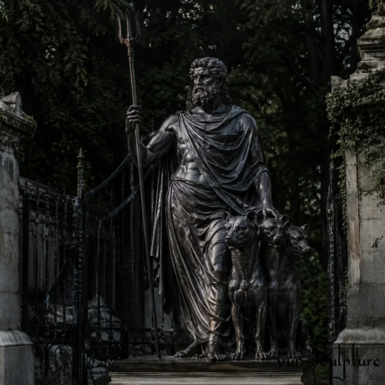 A majestic life-size cast bronze statue of Hades (Pluto) with his three-headed dog Cerberus, guarding a formal garden gate. Finished in a deep antique black patina, this classical figure embodies the "impersonal sovereignty of natural law" as described in our guide, distinguishing the true Greek tradition from contemporary fantasy designs.